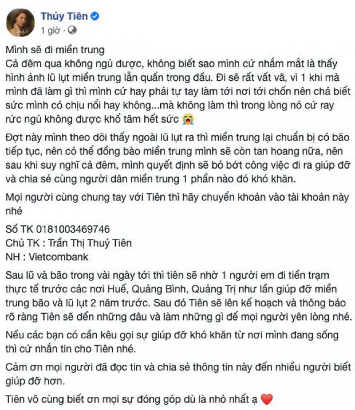 Thuỷ Tiên kêu gọi trên trang cá nhân.