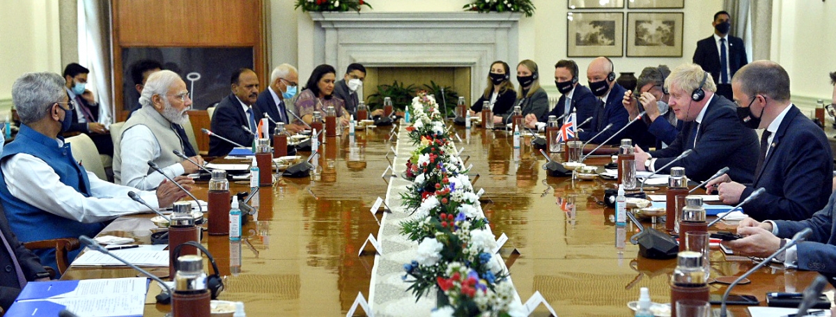 Thủ tướng Ấn Độ Narendra Modi hội đàm với Thủ tướng Anh Boris Johnson tại thủ đô New Delhi, ngày 22/4 (Nguồn: ANI)