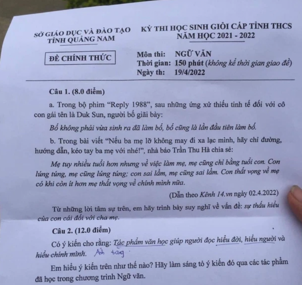 Đề thi học sinh giỏi Ngữ Văn của tình Quảng Nam 