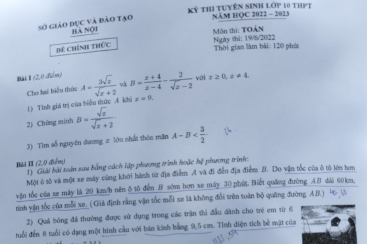 Đề thi môn Toán, Kỳ thi tuyển sinh vào lớp 10 THPT Hà Nội năm học 2022-2023