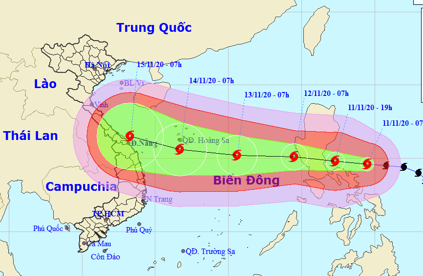 Dự báo vị trí và hướng di chuyển của bão Vamco - Ảnh: Trung tâm Dự báo khí tượng thủy văn quốc gia