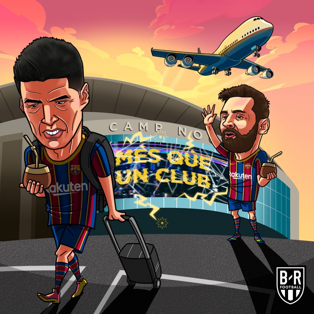Lionel Messi ngậm ngùi tiễn biệt Luis Suarez rời Barca. (Ảnh: Bleacher Reports)