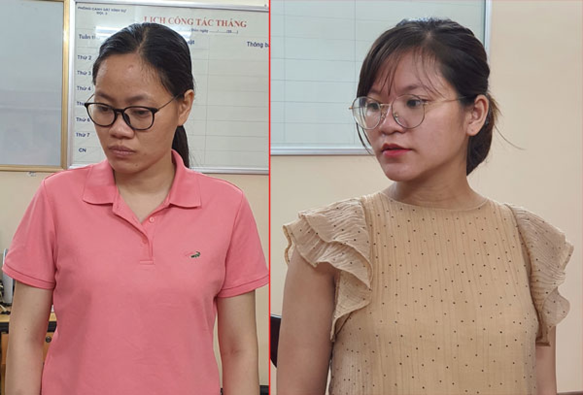 Đối tượng Nguyễn Thị Hồng Trang (áo hồng) và đối tượng Lương Thị Bích Thư.