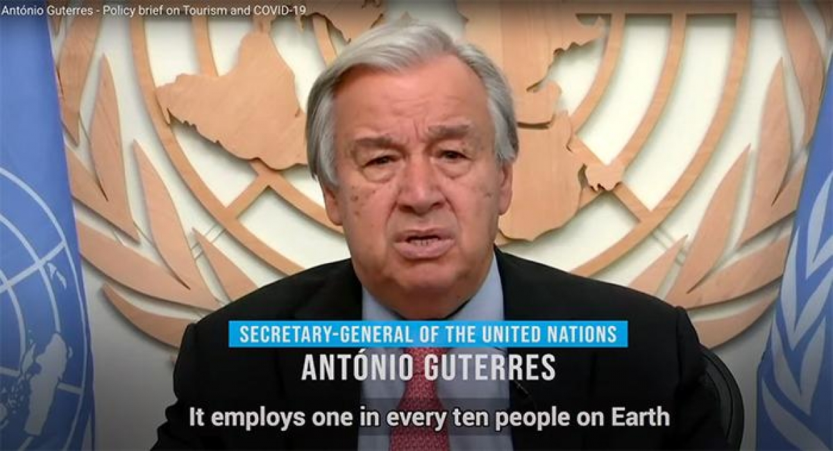 Tổng Thư ký Liên Hợp quốc Antonio Guterres có bài phát biểu về chủ đề "Covid-19 và Chuyển đổi trong ngành Du lịch" (Ảnh trích từ video)
