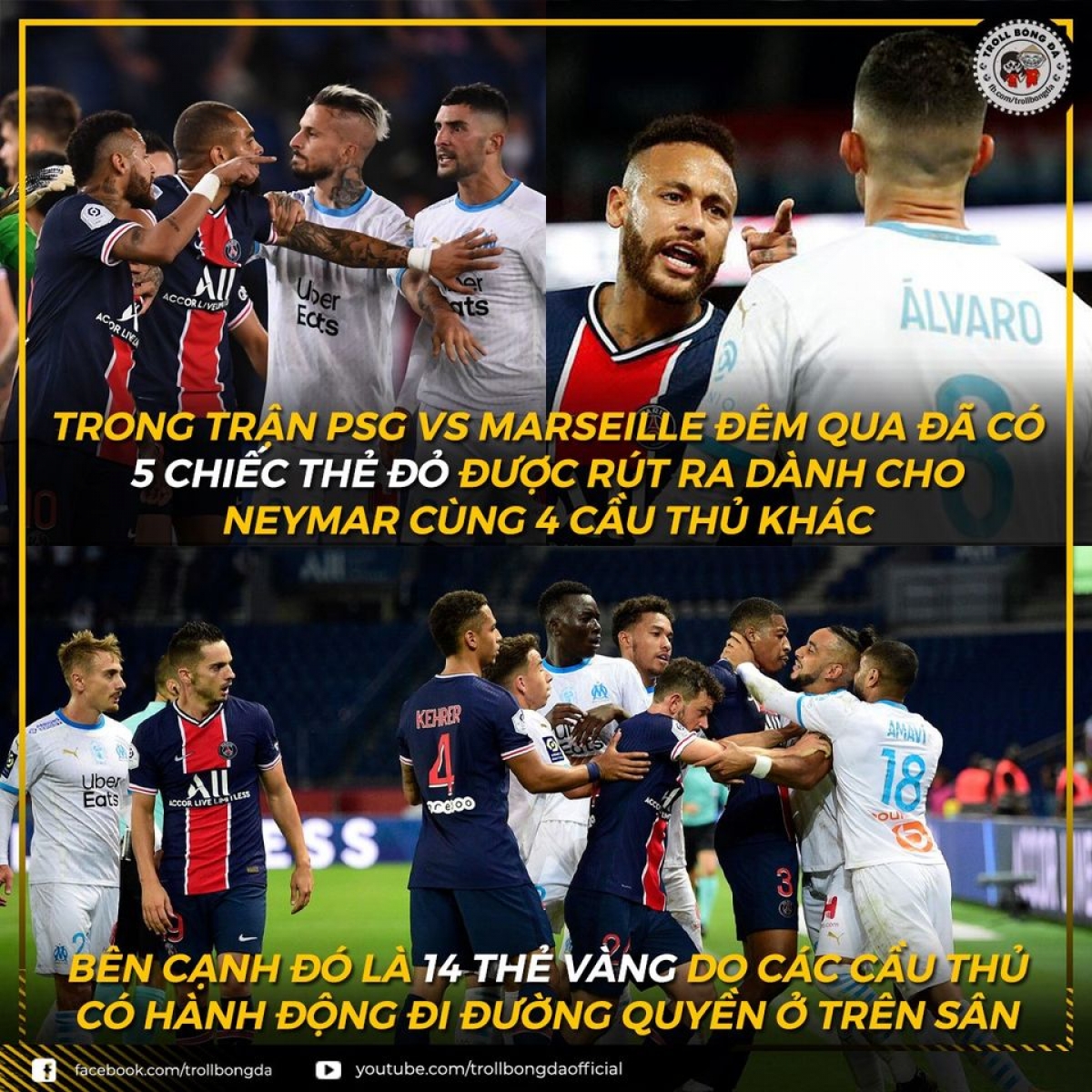 Neymar là tâm điểm của cuộc "ẩu đả" trong trận PSG và Marseille khiến trọng tài phải rút đến 5 thẻ đỏ. (Ảnh: Troll bóng đá).