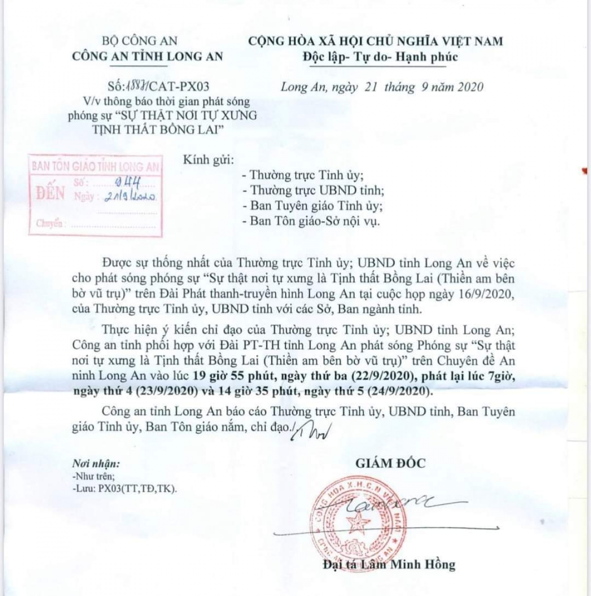 Công an tỉnh Long An thông báo phát sóng phóng sự nhan đề "Sự thật nơi tự xưng "Tịnh thất Bồng Lai" vào tối nay 22/9/2020 trên Đài Truyền hình tỉnh