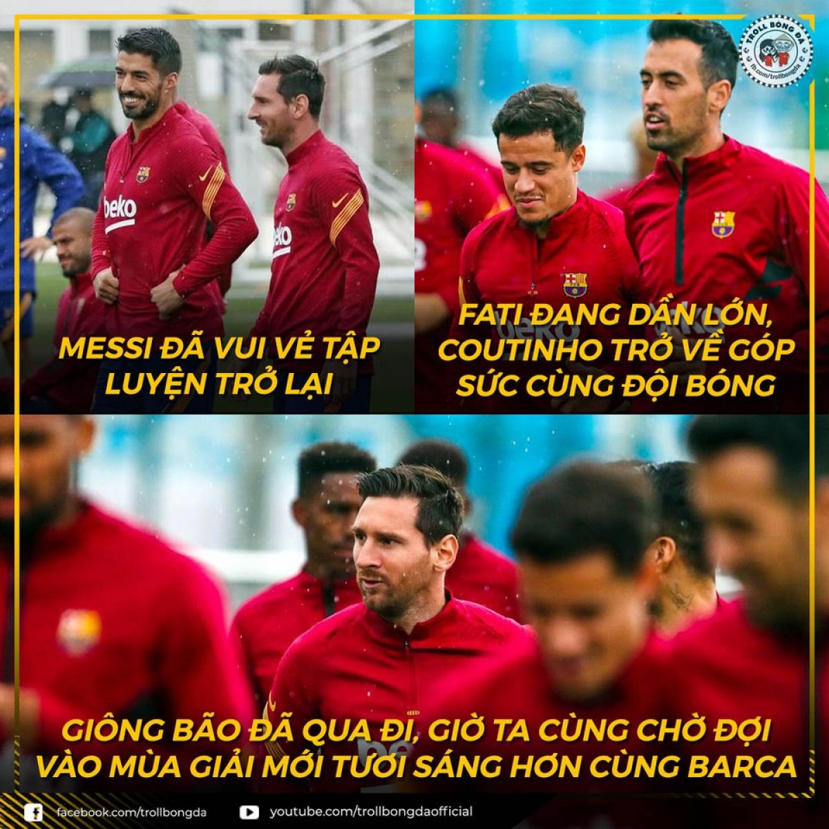 Messi tươi cười trong buổi tâp gần nhất của Barca (Ảnh: Troll bóng đá).