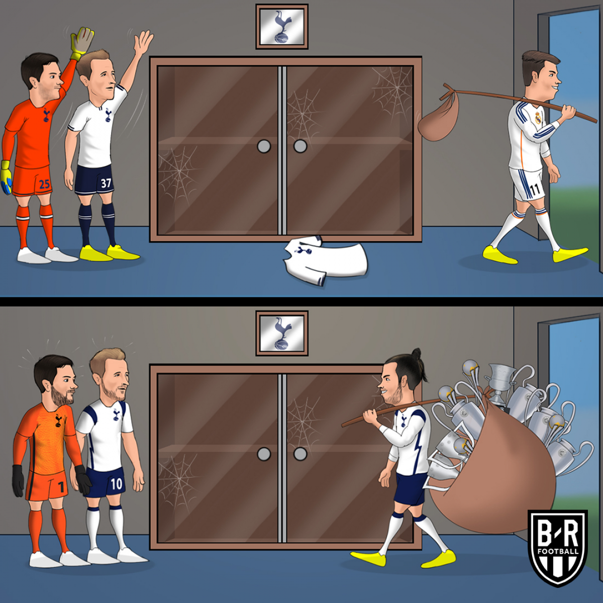 Hugo Lloris và Harry Kane tiễn Gareth Bale rờiTottenham rồi lại đón Bale trở về. (Ảnh: Bleacher Report).