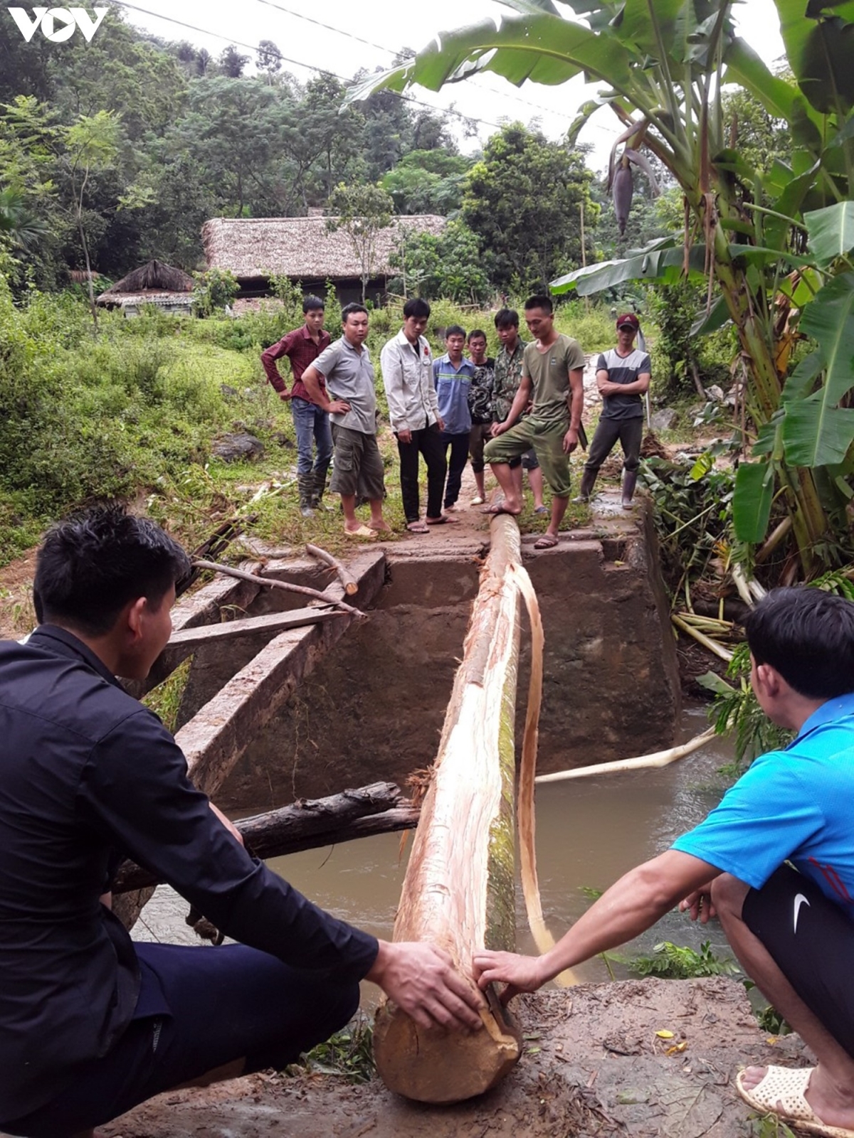 Người dân xã Tân Phượng bắc cầu tạm để đi lại sau khi cây cầu chính bị lũ quét đi.
