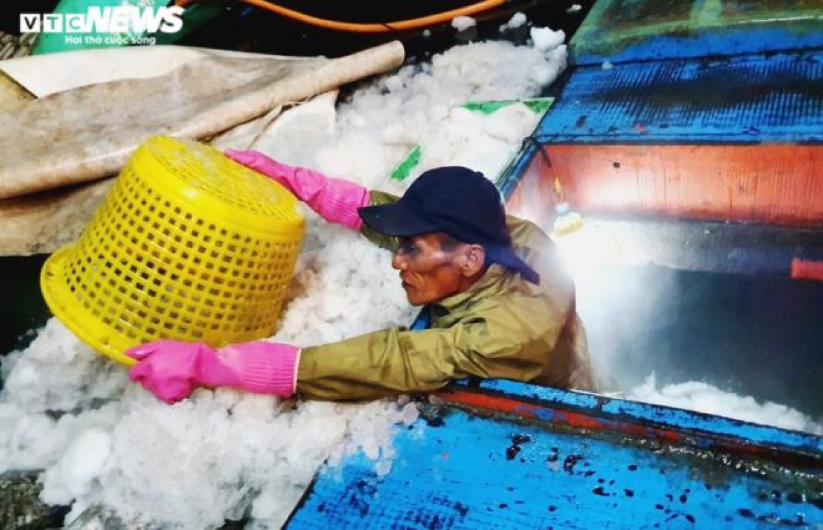 Ngư dân tàu cá miền Trung dỡ hầm cá trong đêm. Theo các chủ tàu, dù phải kết thúc chuyến đi biển sớm hơn dự kiến nhưng các tàu cũng khai thác được khá nhiều hải sản.