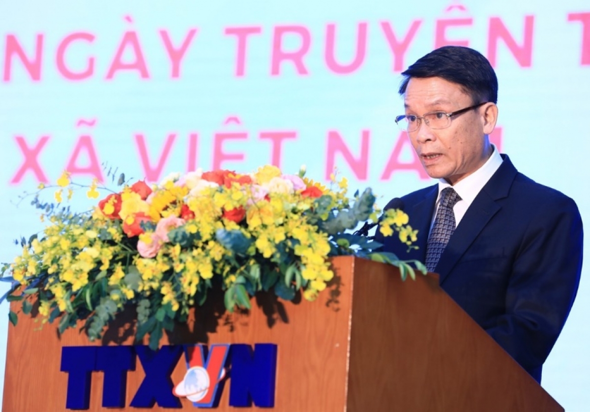 Tổng Giám đốc TTXVN - Nguyễn Đức Lợi phát biểu tại buổi lễ. (Ảnh: TTXVN)
