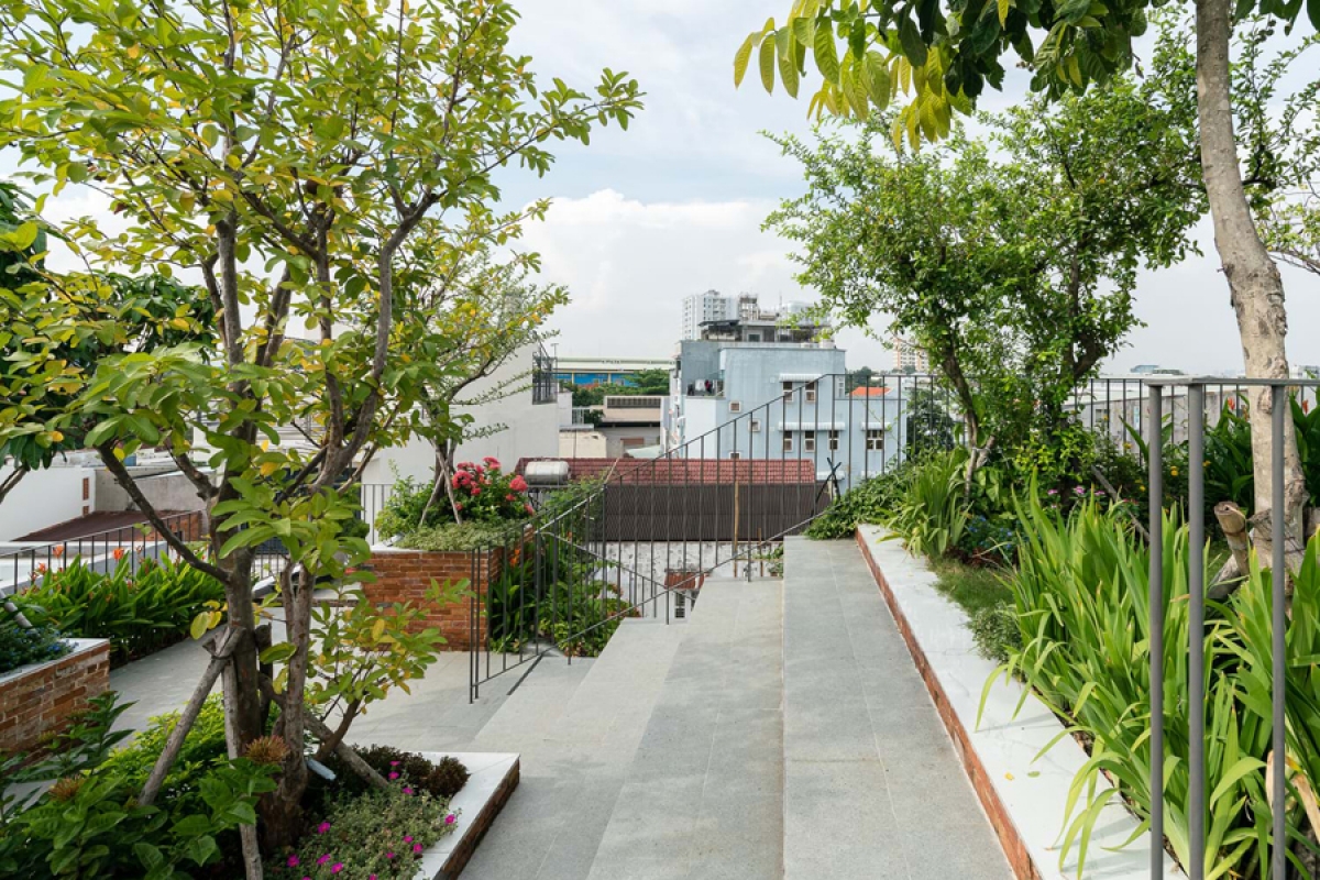 Điểm đặc biệt và ấn tượng nhất là mái nhà được thiết kế thành công viên với nhiều cây xanh, theo nhu cầu của gia chủ là muốn có không gian thư giãn gần gũi thiên nhiên.