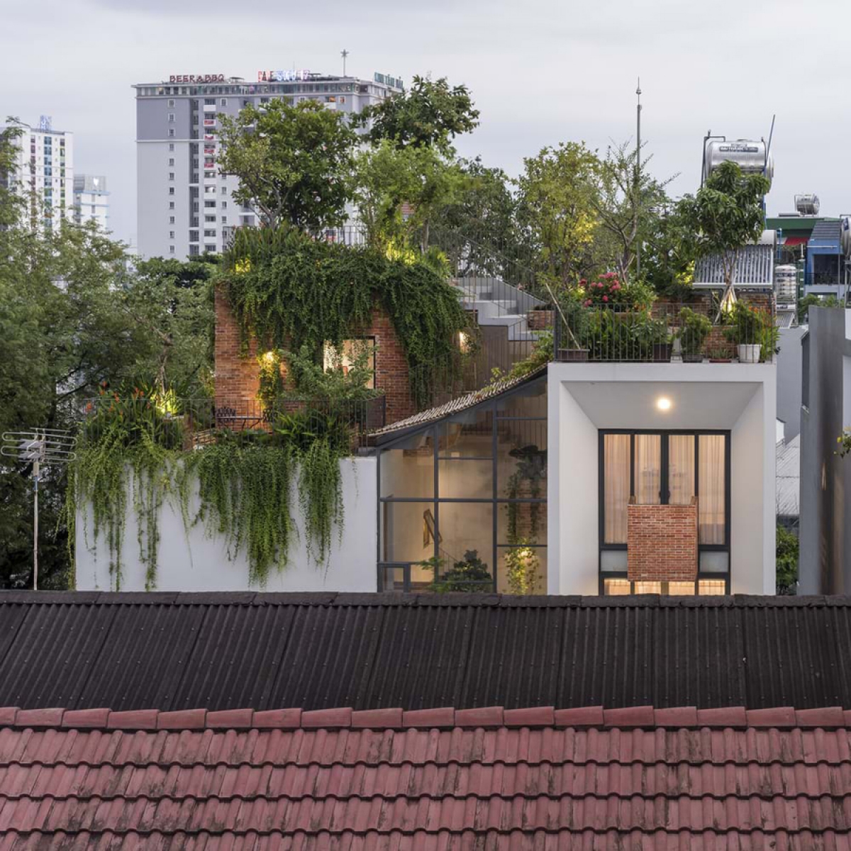 Nhìn từ xa, công viên xanh trên mái nổi bật trong khu phố