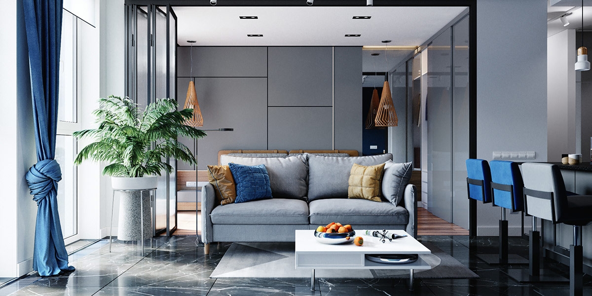Căn hộ sở hữu tổng diện tích 62m2, nên chủ nhà sử dụng nhiều tường kính để có thể mở rộng hoặc ngăn cách không gian khi cần.