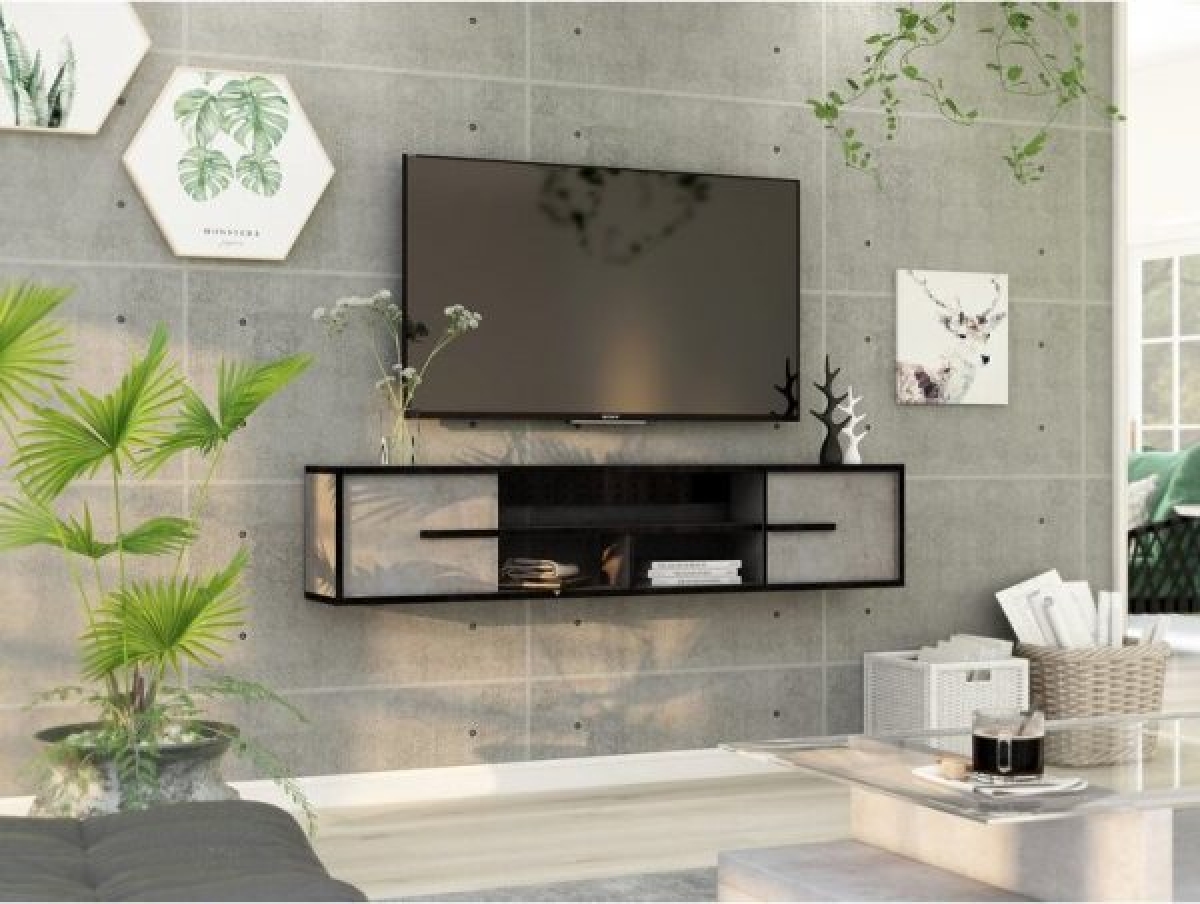 Đường viền màu đen đi cùng khung màu trắng, tạo sự đồng bộ giữa giá và chiếc tivi.