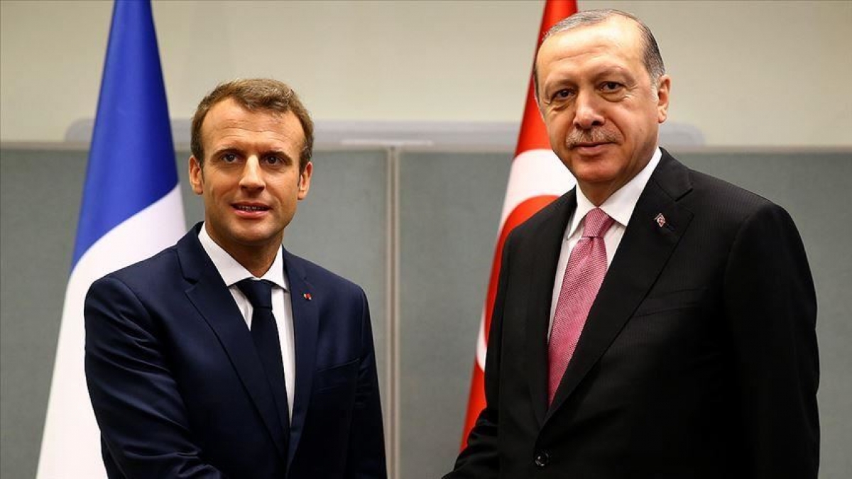 Tổng thống Pháp Macron và Tổng thống Thổ Nhĩ Kỳ Erdogan. Ảnh: Anadolu