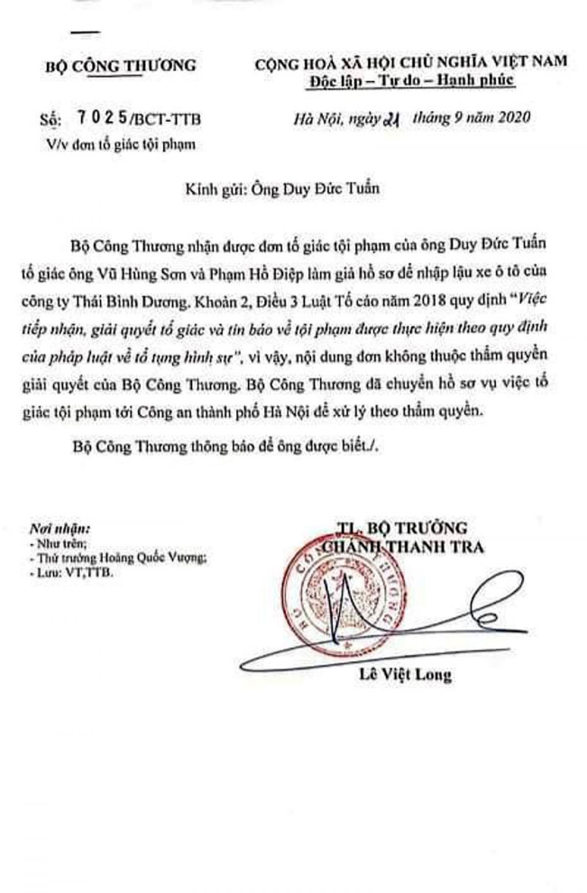 Nội dung văn bản của Bộ Công Thương phản hồi đơn tố giác của ông Duy Đức Tuấn ngày 21/9.