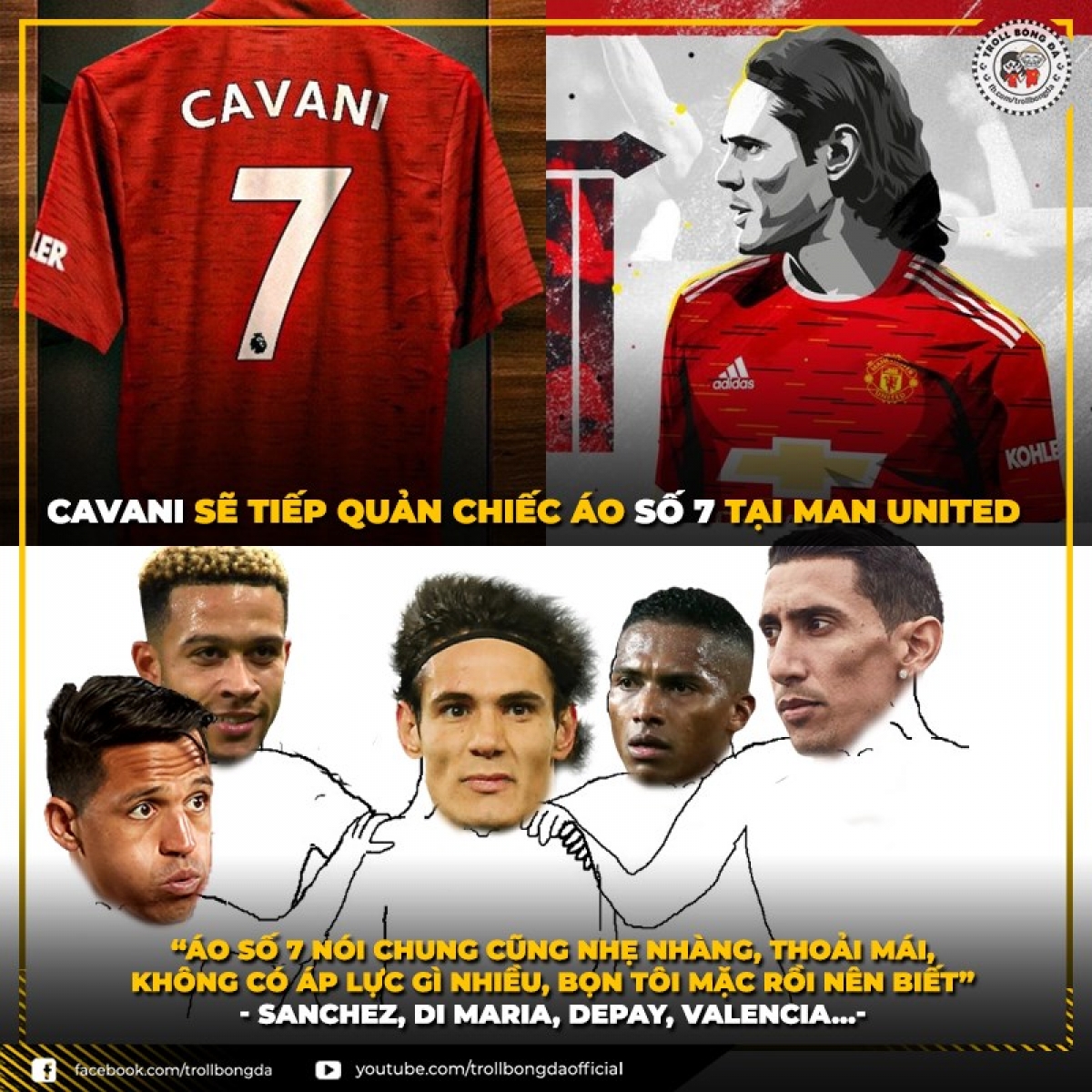 Cavani chịu áp lực nghìn cân từ chiếc áo số 7 huyền thoại. (Ảnh: Troll Bóng Đá)