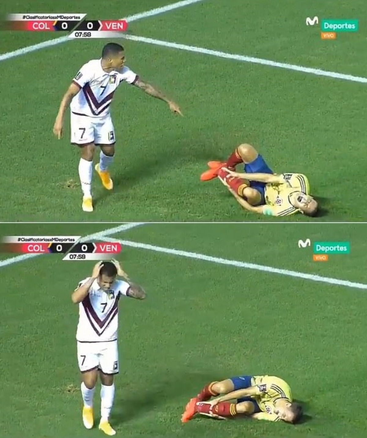 Sau pha tranh chấp ở phút thứ 8, Santiago Arias gục xuống sân đau đớn còn Darwin Machis bị shock khi chứng kiến tình trạng chấn thương.
