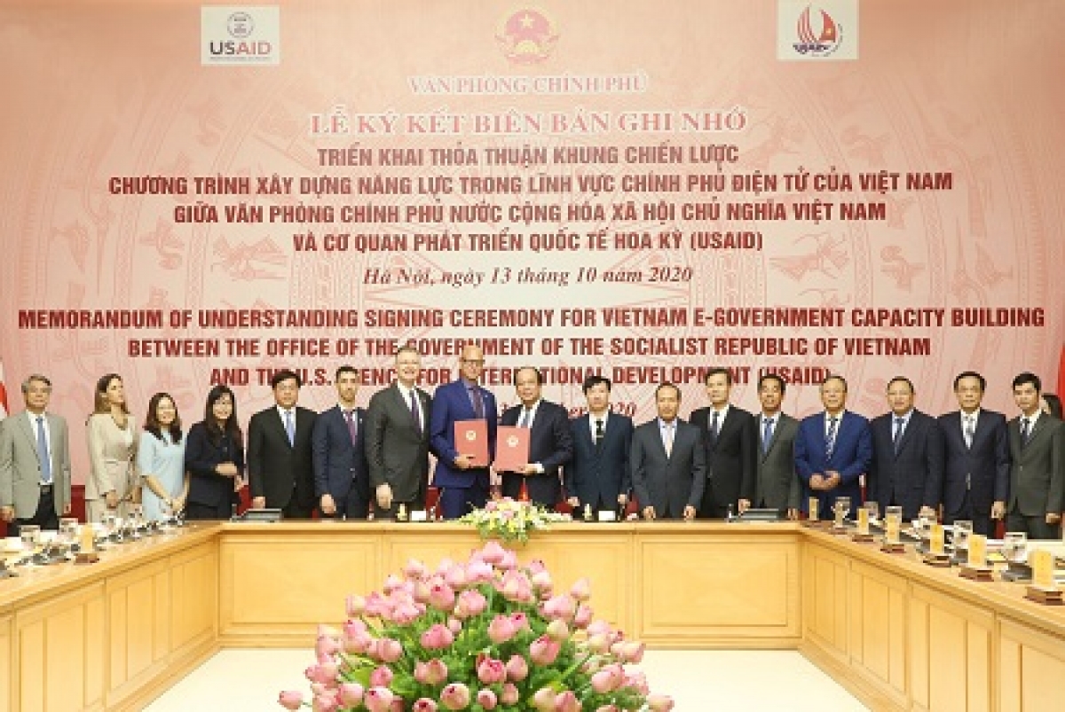 Văn phòng Chính phủ và USAID ký kết biên bản ghi nhớ triển khai thỏa thuận khung chiến lược về chương trình xây dựng năng lực trong lĩnh vực chính phủ điện tử của Việt Nam - Ảnh: VGP/Hoàng Giang