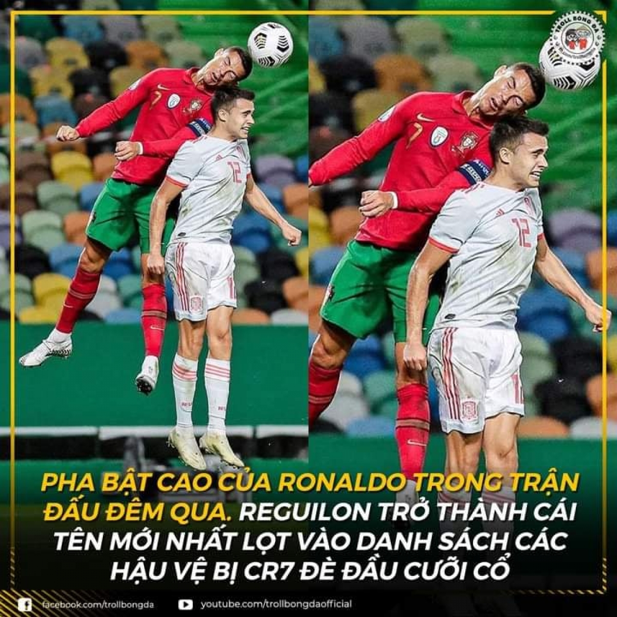 Ronaldo lại trổ tài bật nhảy để chiếm ưu thế trong những pha bóng bổng. (Ảnh: Troll bóng đá).