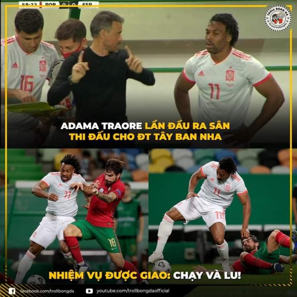 Adama Traore có trận ra mắt ĐT Tây Ban Nha (Ảnh: Troll bóng đá).