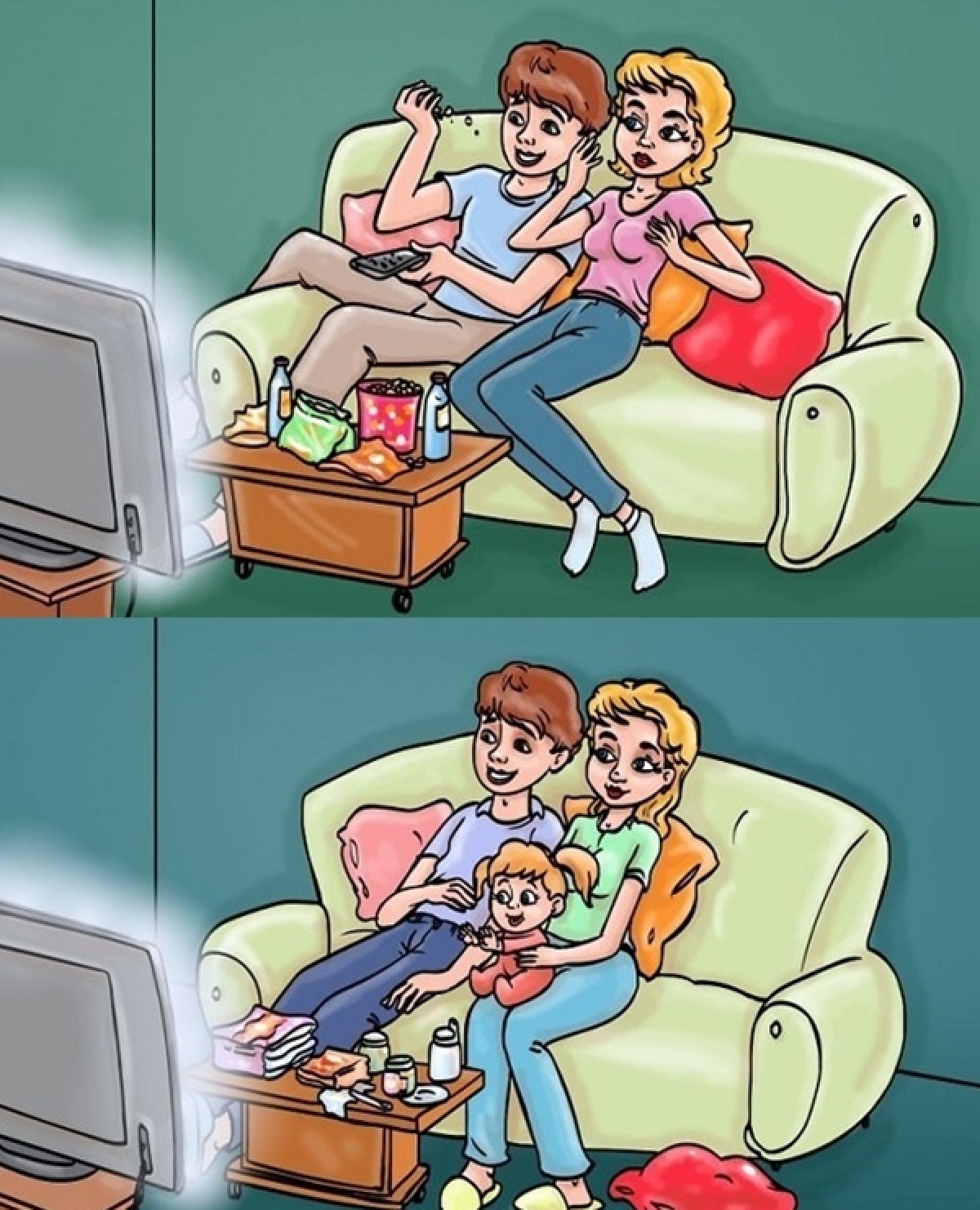 Khi đứa bé chưa chào đời, hai vợ chồng có thể xem TV cả tối và xem bất kì chương trình gì mình thích. Thế nhưng điều này sẽ thay đổi khi bạn phải lựa chọn các chương trình phù hợp với trẻ nhỏ và cùng theo nhau theo dõi.