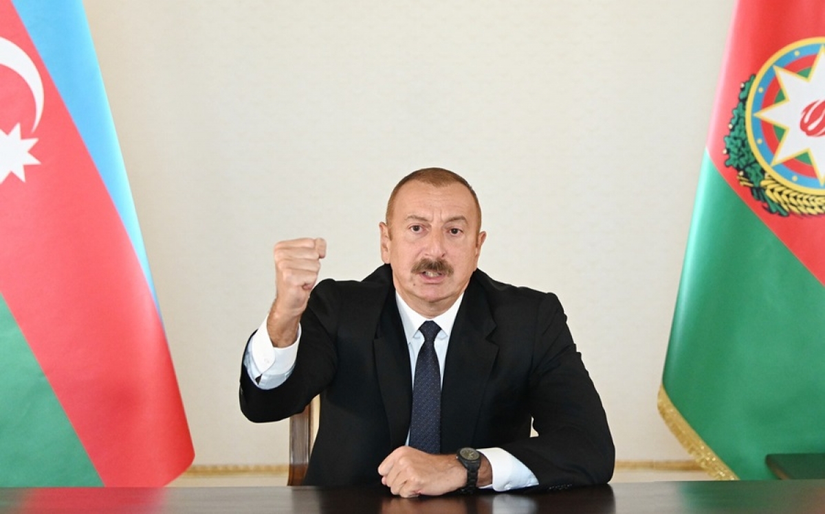Tổng thống Azerbaijan Ilham Aliyev thể hiện thái độ quyết tâm trong bài phát biểu với toàn nước này vào ngày 27/9/2020. Ảnh: Văn phòng báo chí của Tổng thống Azerbaijan.