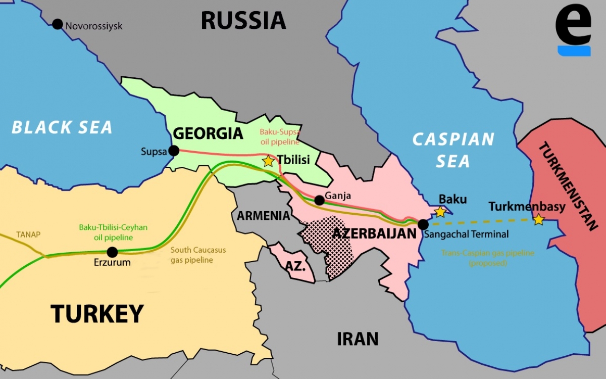 Bản đồ hệ thống đường ống dầu khí từ Azerbaijan sang Gruzia và Thổ Nhĩ Kỳ. Đồ họa: Thomas Blomberg/Eurasianet.