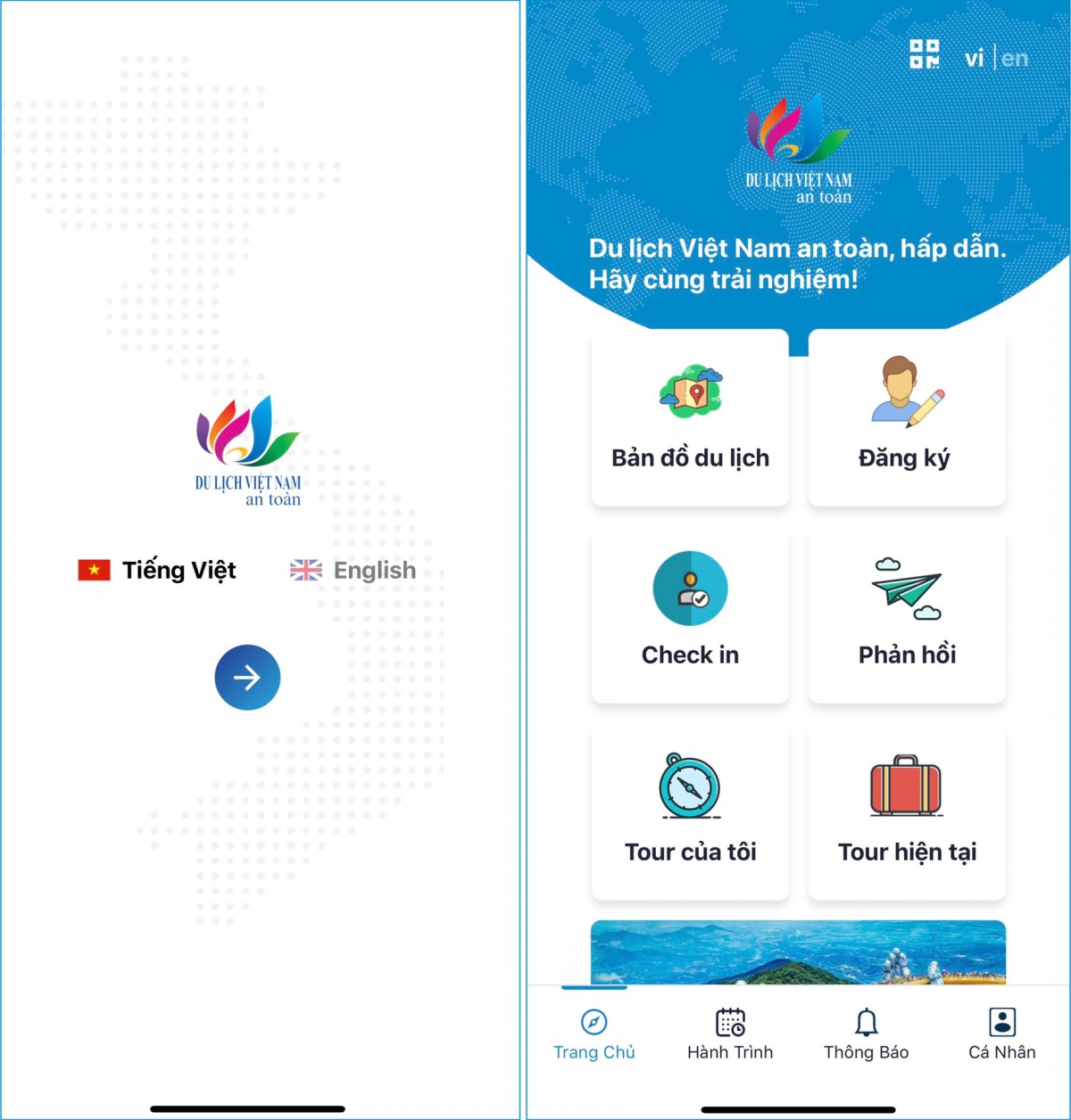 Ứng dụng có hai ngôn ngữ, tiếng Việt và tiếng Anh. Nguồn: Tổng cục Du lịch
