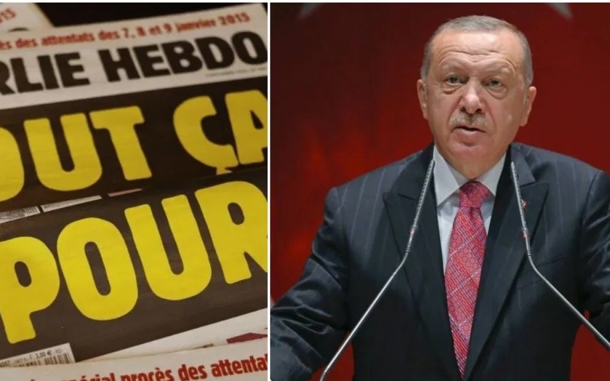 Ông Erdogan và tuần báo Charlie Hebdo. Ảnh: OpIndia.