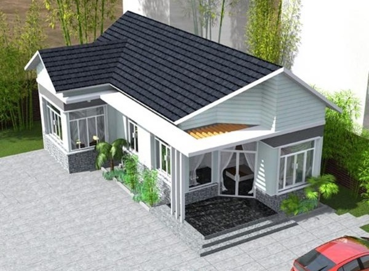 Mẫu nhà cấp 4 mái tôn được thiết kế hình chữ L cùng không gian rộng rãi và có cả gara ô tô. Ảnh Internet