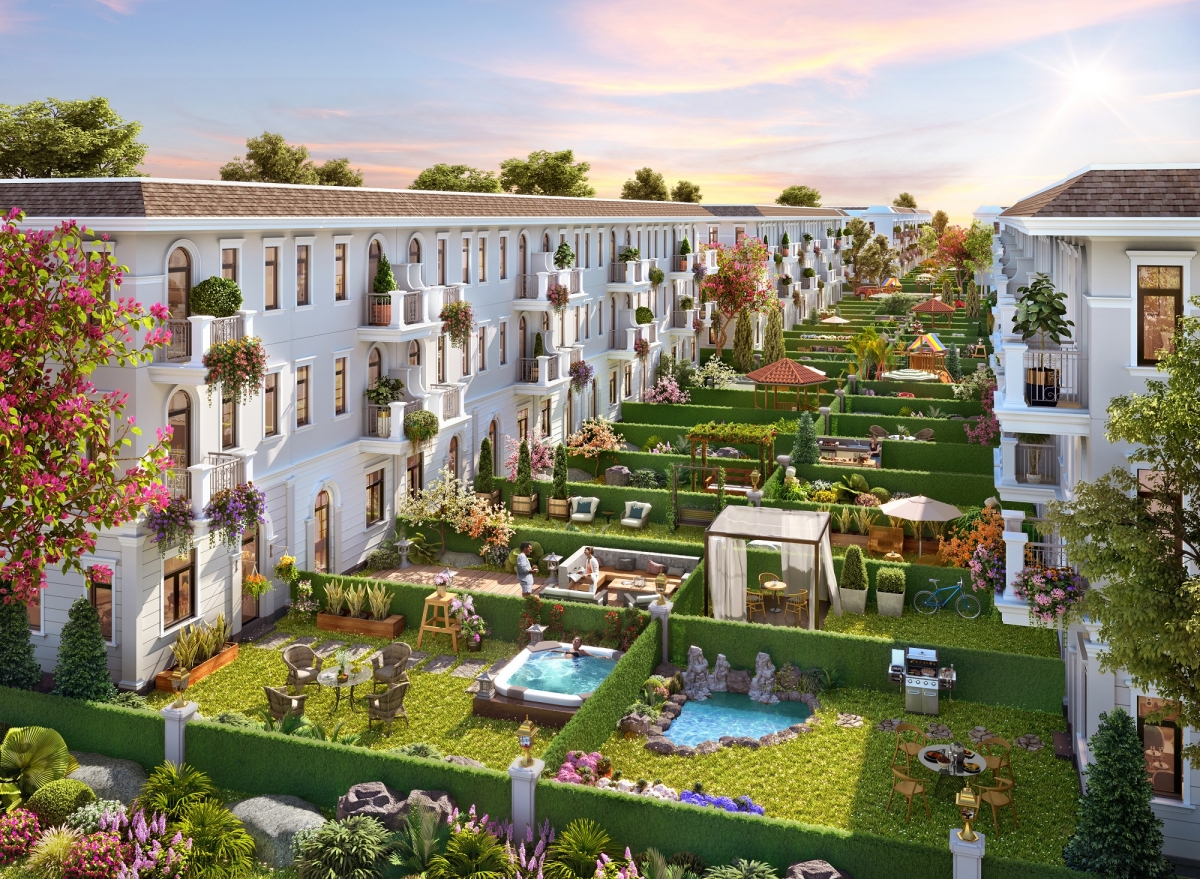Nhà phố vườn Aqua City sở hữu khoảng sân vườn rộng 36m2 giúp gia chủ tự do sáng tạo khu vườn yêu thích.