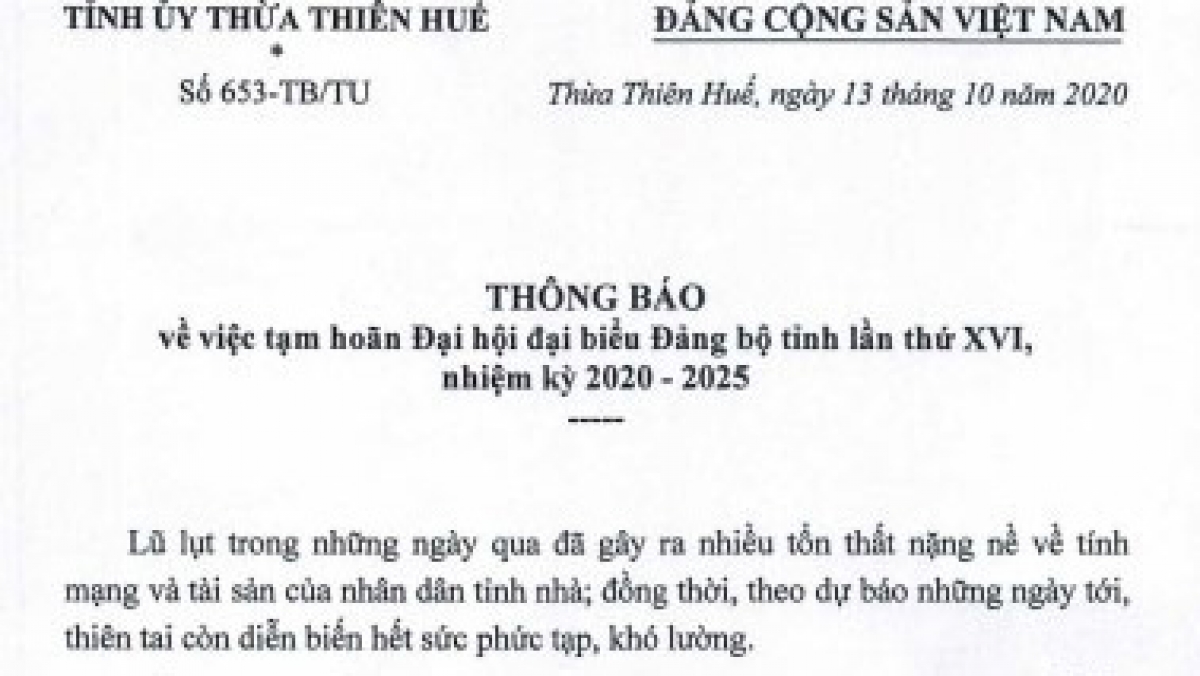 Thông báo của Ban Thường vụ Tỉnh ủy Thừa Thiên Huế