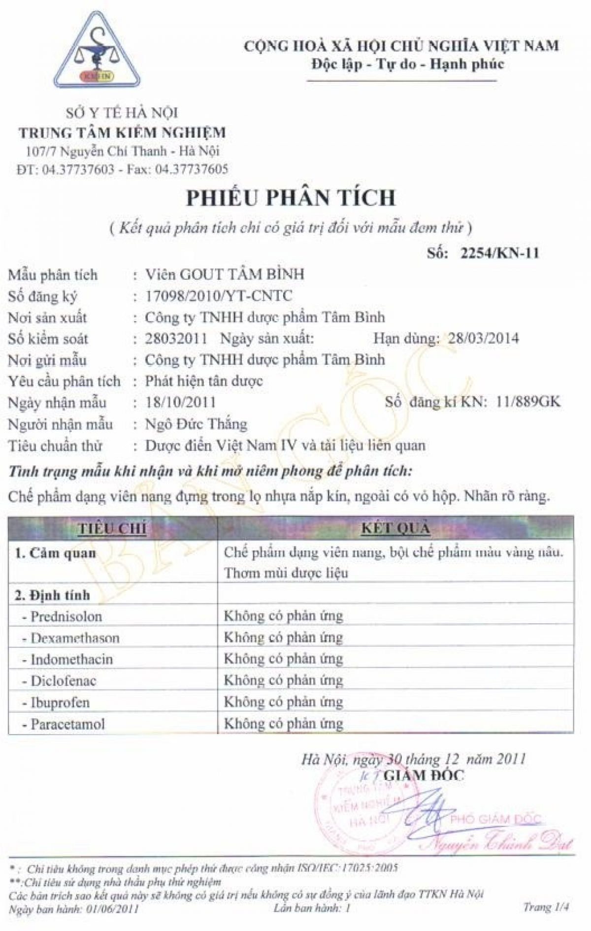 Phiếu kiểm nghiệm Viên Gout Tâm Bình không trộn thuốc tây.