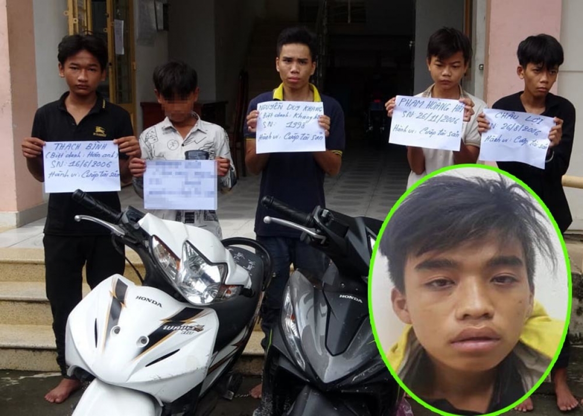 Các thành viên nhóm cướp khi bị bắt, trong đó cầm đầu là Trần Duy Long (ảnh nhỏ)