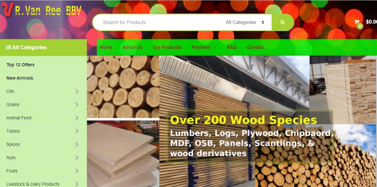 Website của R.Van Ree Beheer B.V có quảng bá bán nhiều loại nông sản và gỗ trông rất bắt mắt.
Ảnh chụp màn hình.