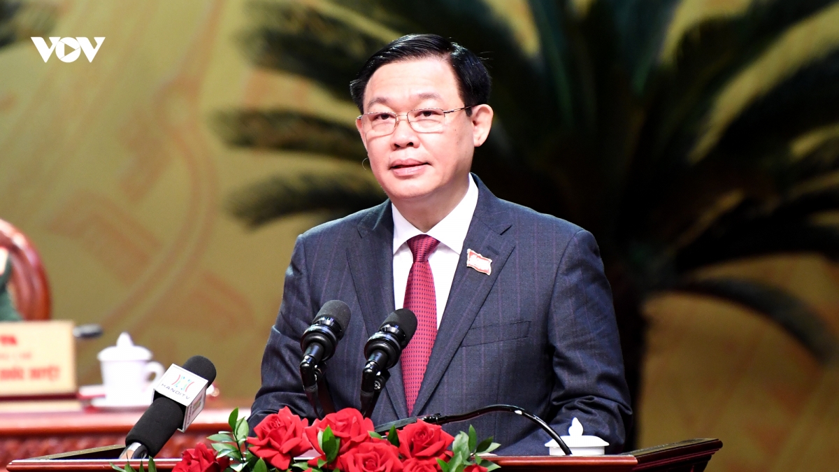Bí thư Thành uỷ Hà Nội Vương Đình Huệ phát biểu khai mạc Đại hội. Ảnh: Ngọc Thành