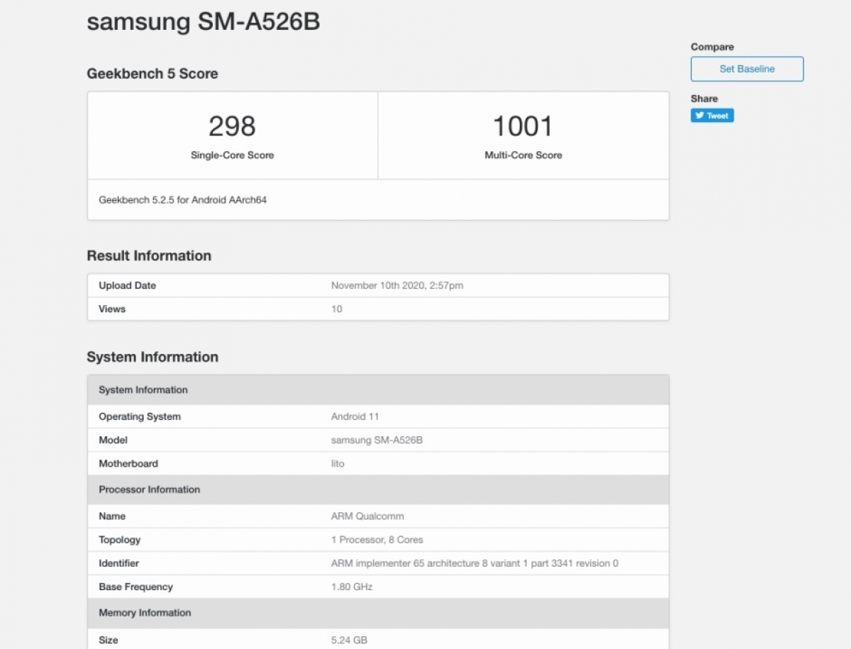 Thông tin rò rỉ về Galaxy A52 5G trên Geekbench