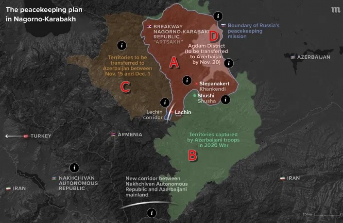 Đồ họa về kế hoạch gìn giữ hòa bình ở Nagorno-Karabakh (từ ngày 10/11/2020). Trong đó, vùng A là vùng lõi Nagorno-Karabakh. Vùng B gồm các lãnh thổ mà quân đội Azerbaijan chiếm được trong cuộc chiến tranh 2020. Vùng C là vùng mà Armenia/“Cộng hòa Artsakh” sẽ phải chuyển giao cho Azerbaijan trong khoảng thời gian từ 15/11 đến 1/12/2020. Vùng D (vùng Agdam) sẽ được chuyển giao cho Azerbaijan vào ngày 20/11. Nguồn: Bộ Quốc phòng Nga.