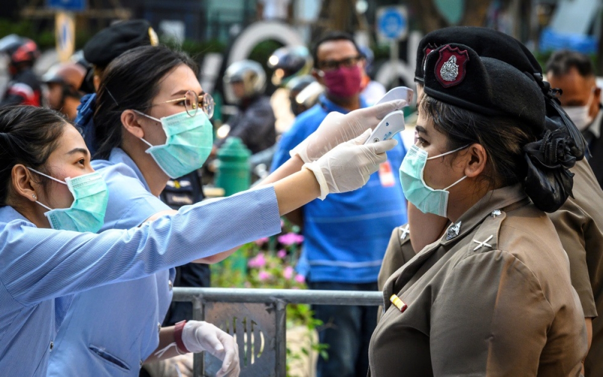 Kiểm tra thân nhiệt của cảnh sát Thái Lan, ngừa Covid-19. Ảnh: AFP.