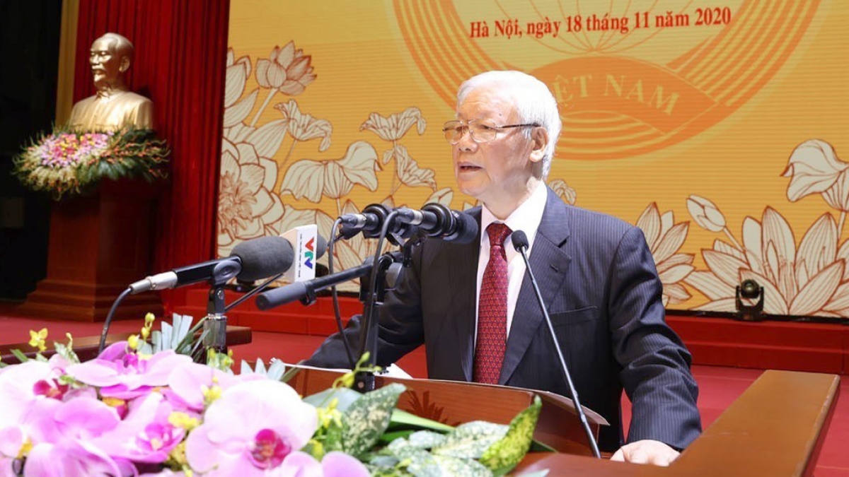Tổng Bí thư, Chủ tịch nước Nguyễn Phú Trọng đọc diễn văn tại buổi lễ. (Ảnh: Trí Dũng/TTXVN)