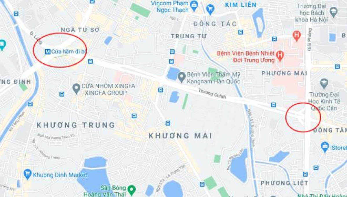 Ngã Tư Sở và Ngã Tư Vọng (vòng tròn đỏ) là 2 "nút thắt cổ chai" xảy ra ùn tắc.