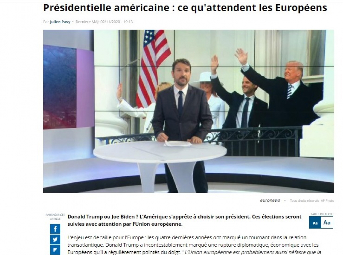 Bài bình luận về cuộc bầu cử tổng thống Mỹ năm 2020 trên trang Euro news.