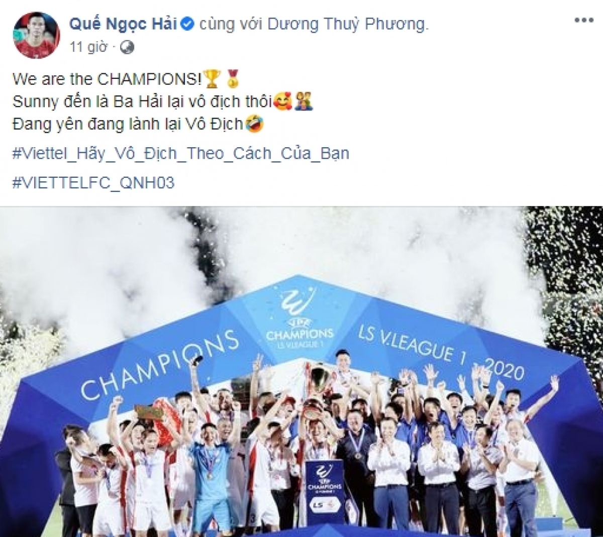 Quế Ngọc Hải ăn mừng chức vô địch trên facebook.
