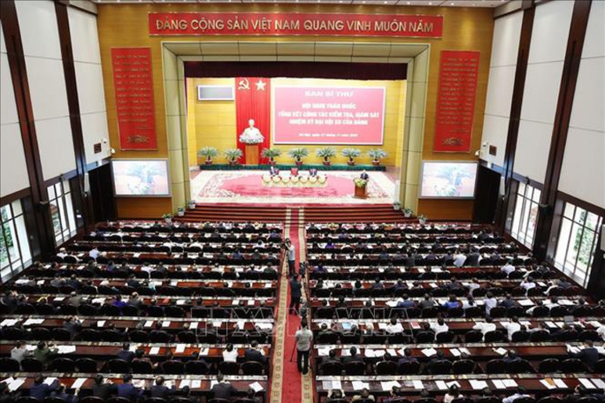 Hội nghị toàn quốc tổng kết công tác kiểm tra, giám sát nhiệm kỳ Đại hội XII của Đảng. Ảnh: TTXVN