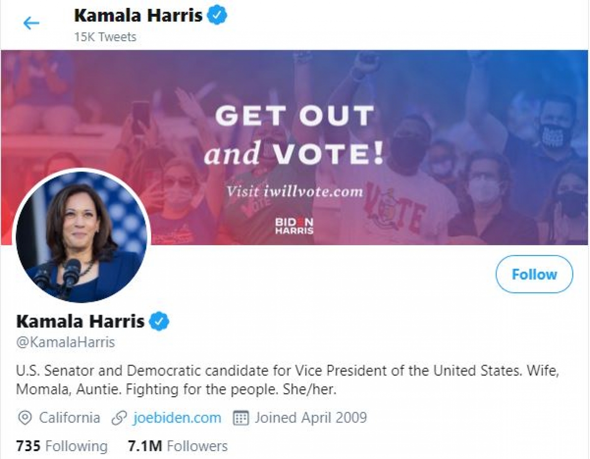 Ảnh chụp màn hình tài khoản Twitter của bà Harris.