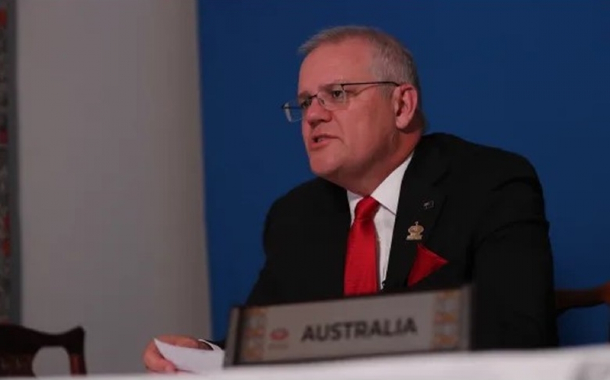 Thủ tướng Australia Scott Morrison phát biểu tại cuộc họp trực tuyến với Viện Tư vấn chính sách của Anh vào tối 23/11. Ảnh: AFR.