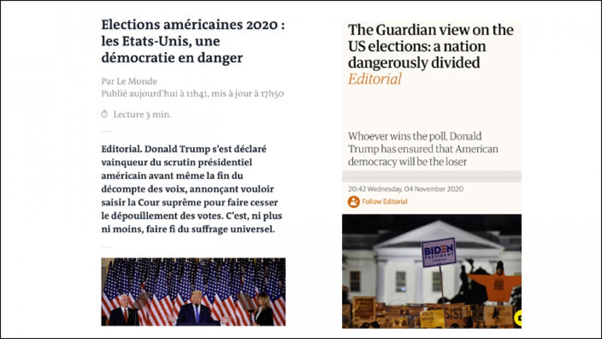 Các bài báo trên tờ Le Monde và The Guardian nói về cuộc bầu cử Tổng thống Mỹ.