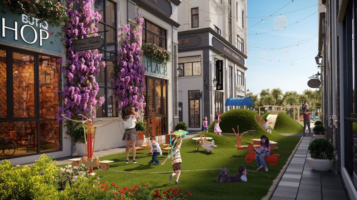 Mảng xanh và tiện ích xen kẽ giữa các dãy shophouse.